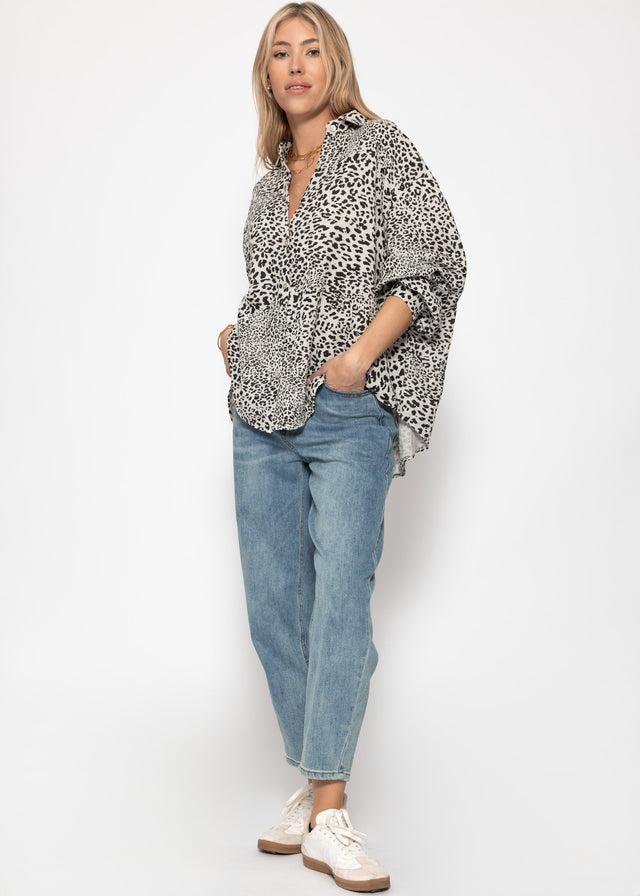 Oversized cropped muslin blouse with leopard print - light beige