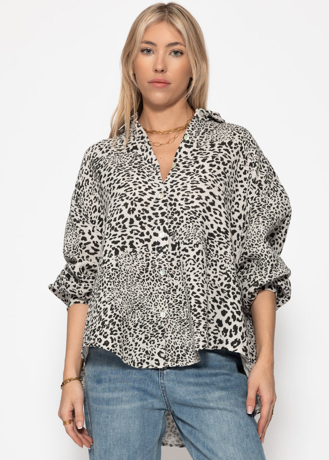 Oversized cropped muslin blouse with leopard print - light beige