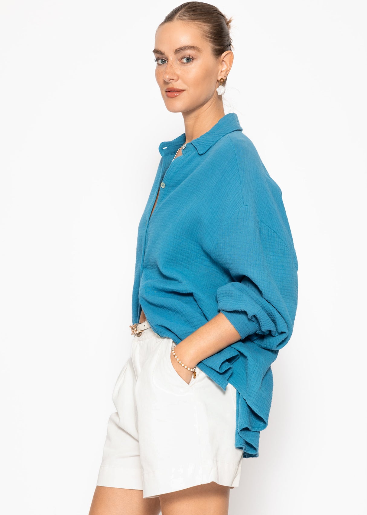 Musselin Bluse oversize, kurz, petrolblau