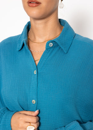 Musselin Bluse oversize, kurz, petrolblau