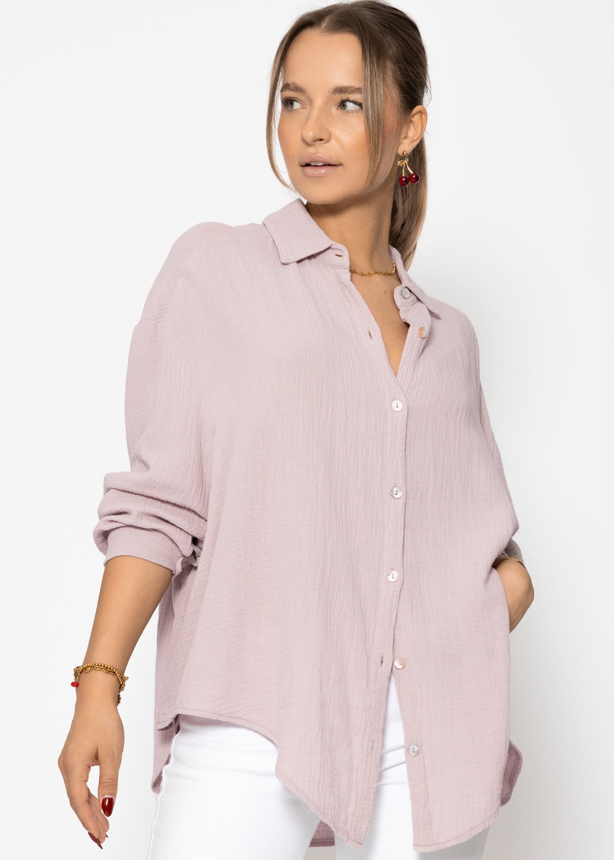 Musselin Bluse oversize, kurz, puderrosa