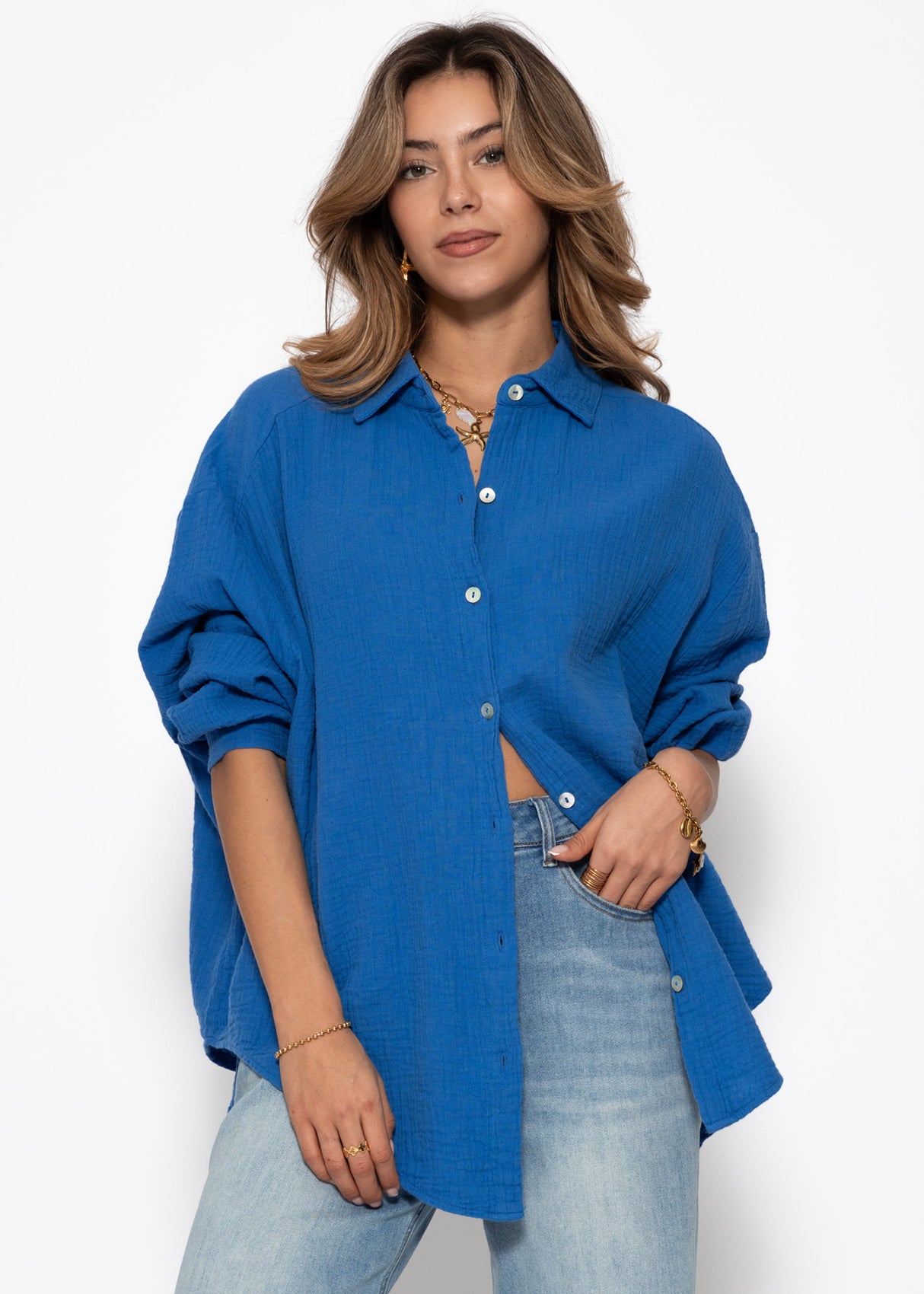 Musselin Bluse oversize, kurz, royalblau