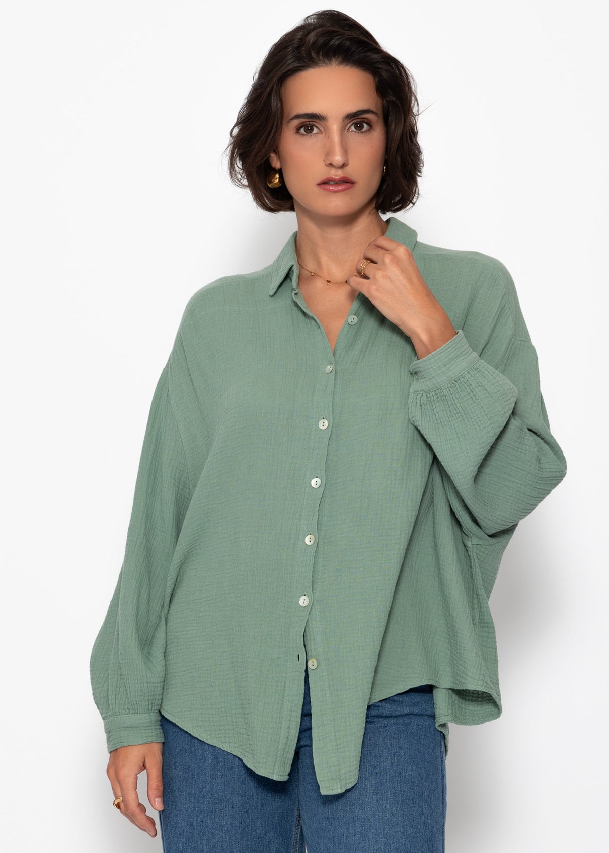 Muslin blouse oversize, short, sage green