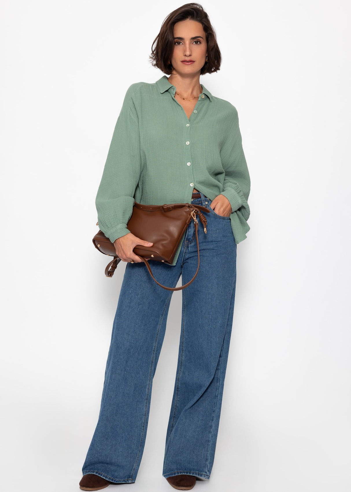Muslin blouse oversize, short, sage green