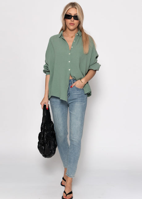 Musselin Bluse oversize, kurz - salbeigrün
