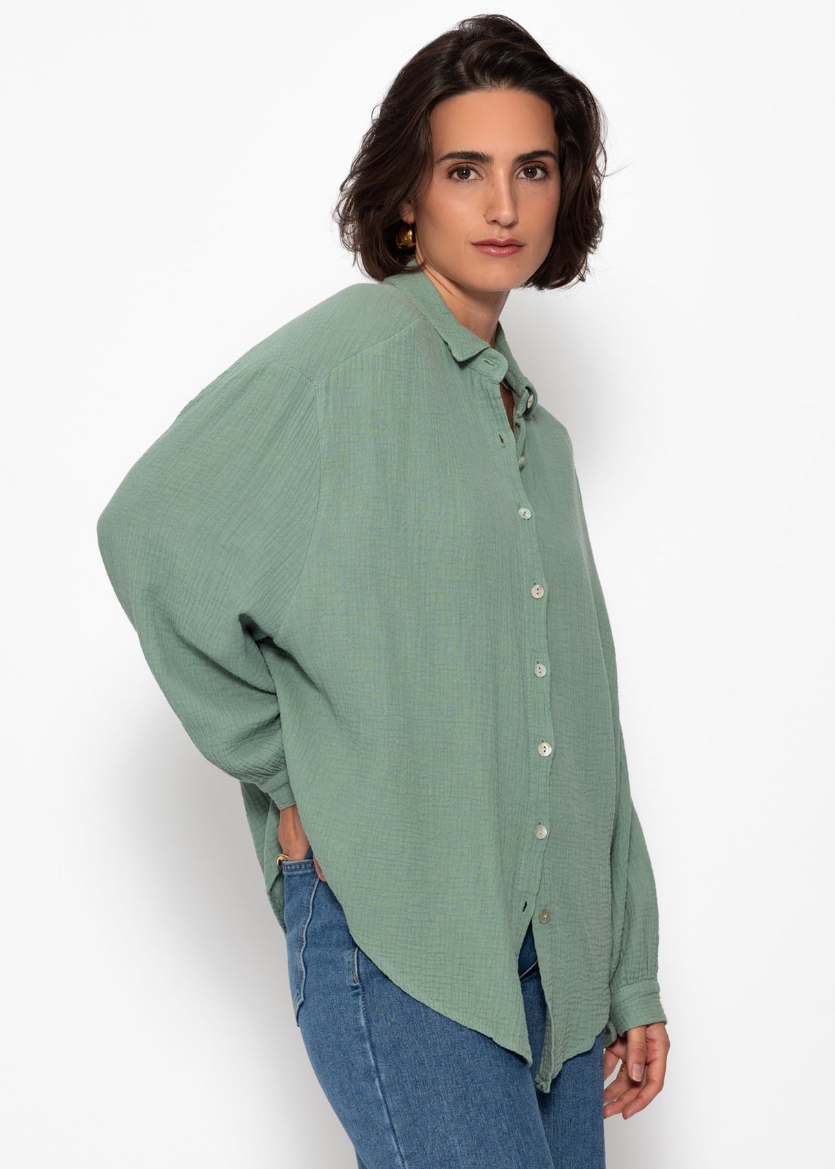 Muslin blouse oversize, short, sage green