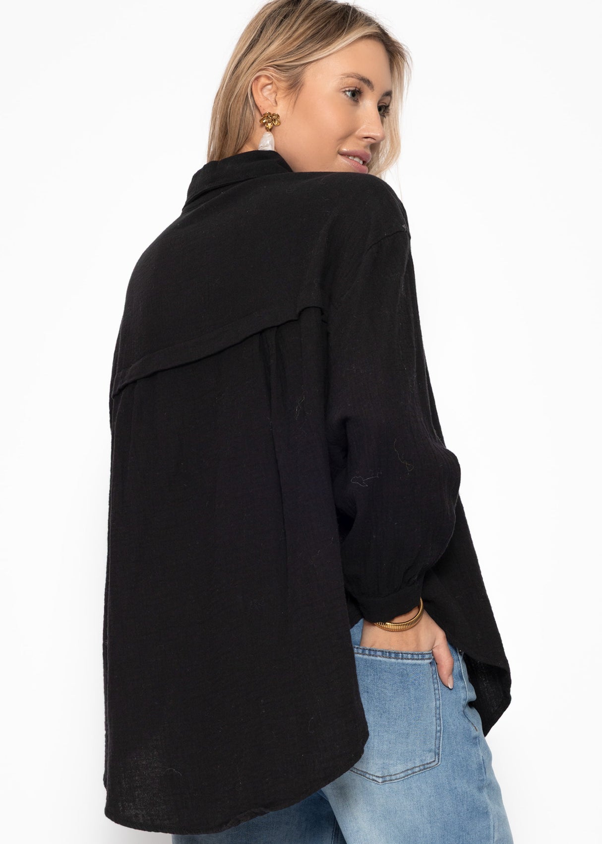 Musselin Bluse oversize, kurz, schwarz