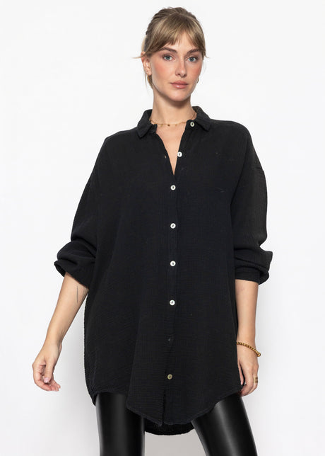 Musselin Bluse oversize - schwarz