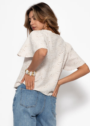 Muslin tie-up blouse with eyelet embroidery - light beige