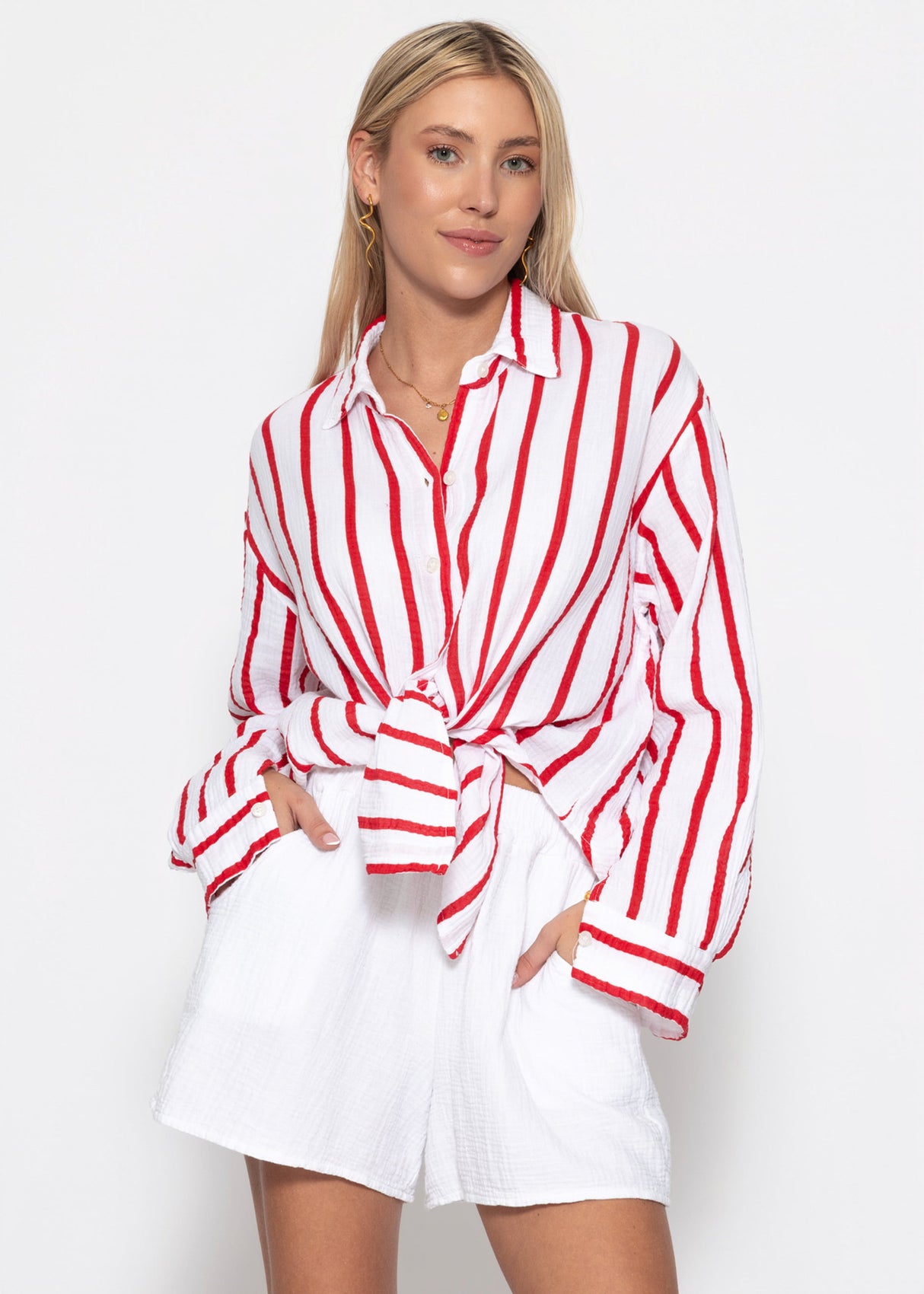 Musselin Hemdbluse mit Streifen - weiß-rot