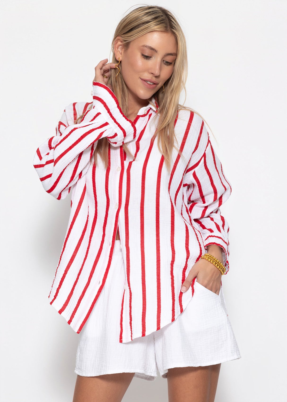 Musselin Hemdbluse mit Streifen - weiß-rot