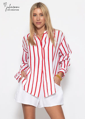 Musselin Hemdbluse mit Streifen - weiß-rot