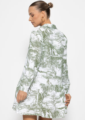 Musselin Kleid mit langen Ärmel und Print, khaki