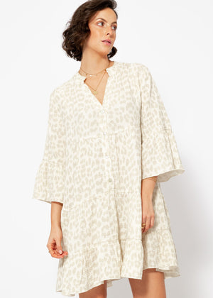 Muslin dress with leopard print - light beige