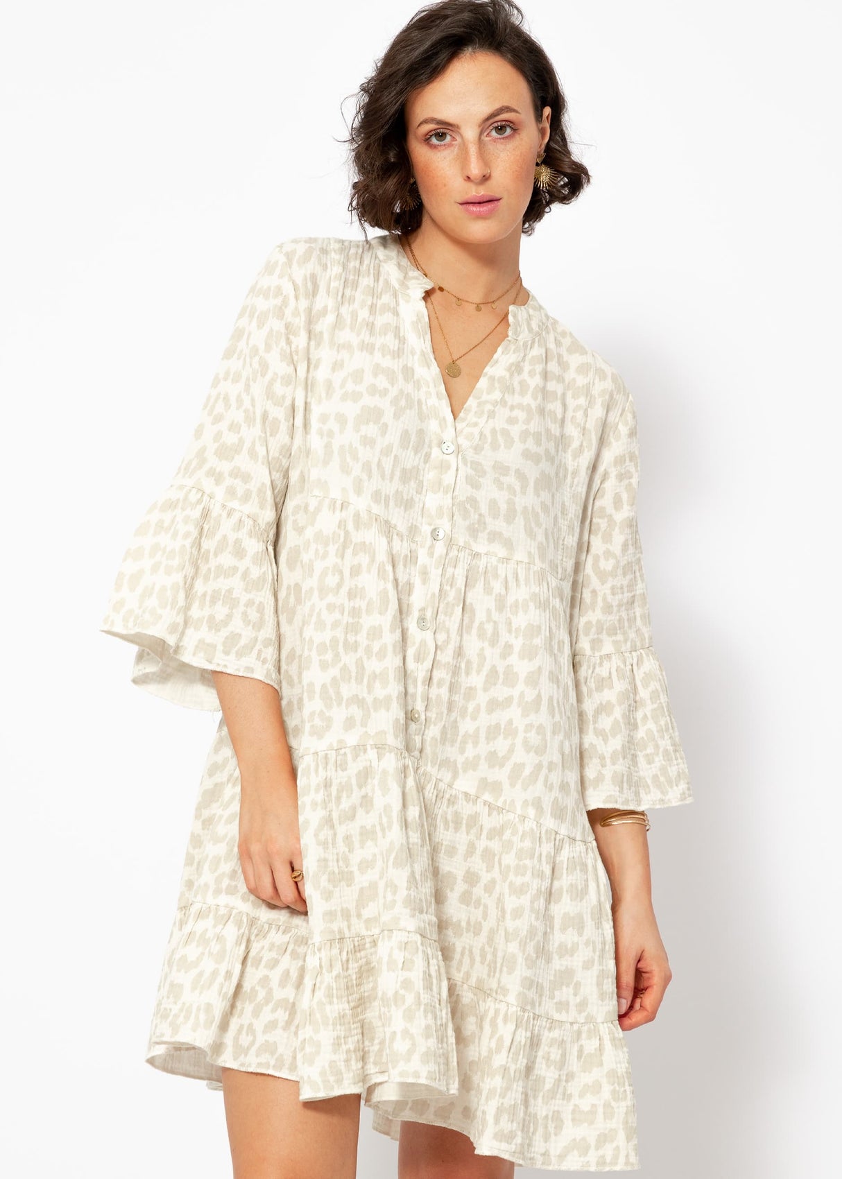 Muslin dress with leopard print - light beige
