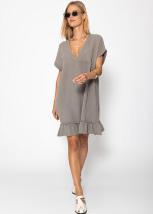 Muslin dress with V-neck - taupe