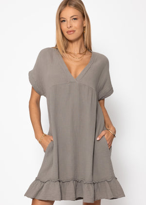 Muslin dress with V-neck - taupe