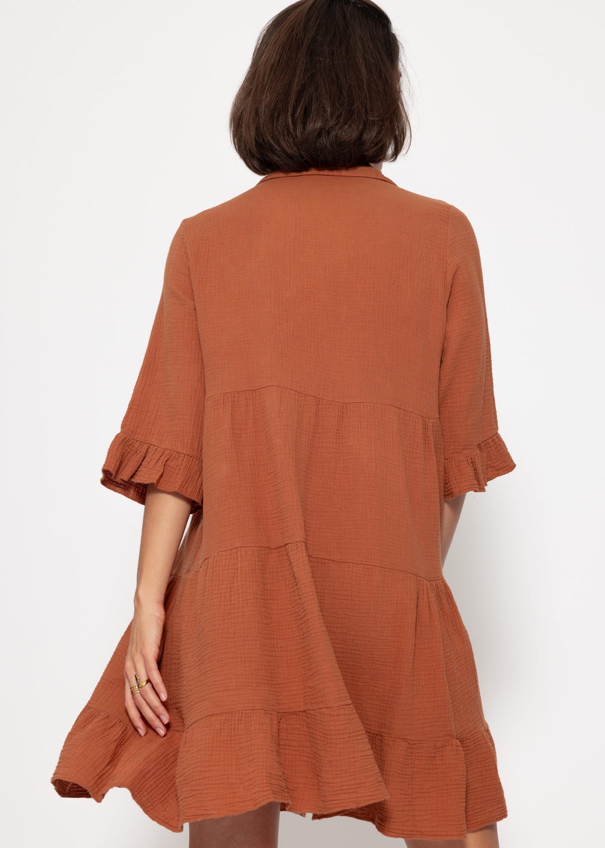 Muslin dress with flounces - cognac