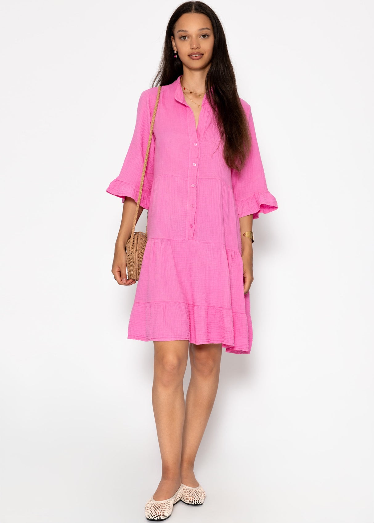 Musselin Kleid mit Volants - pink