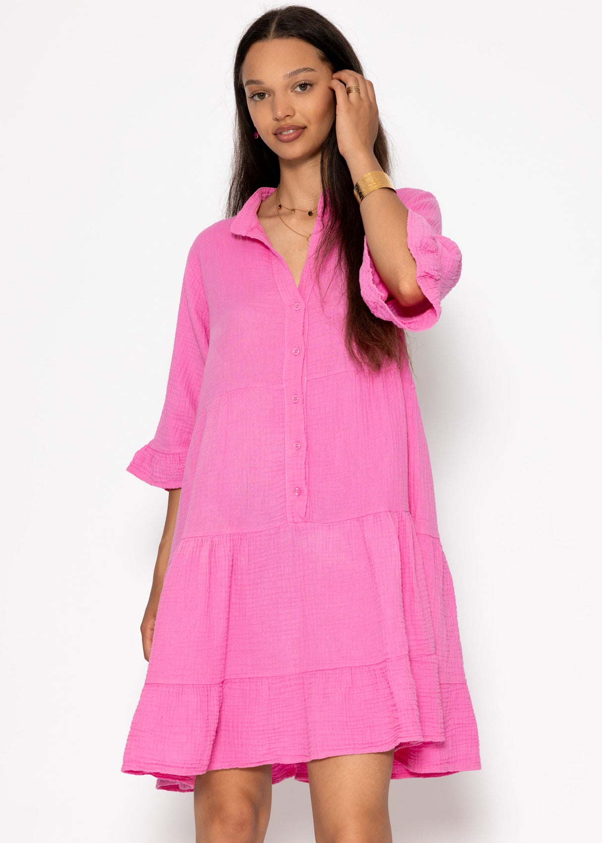 Musselin Kleid mit Volants - pink
