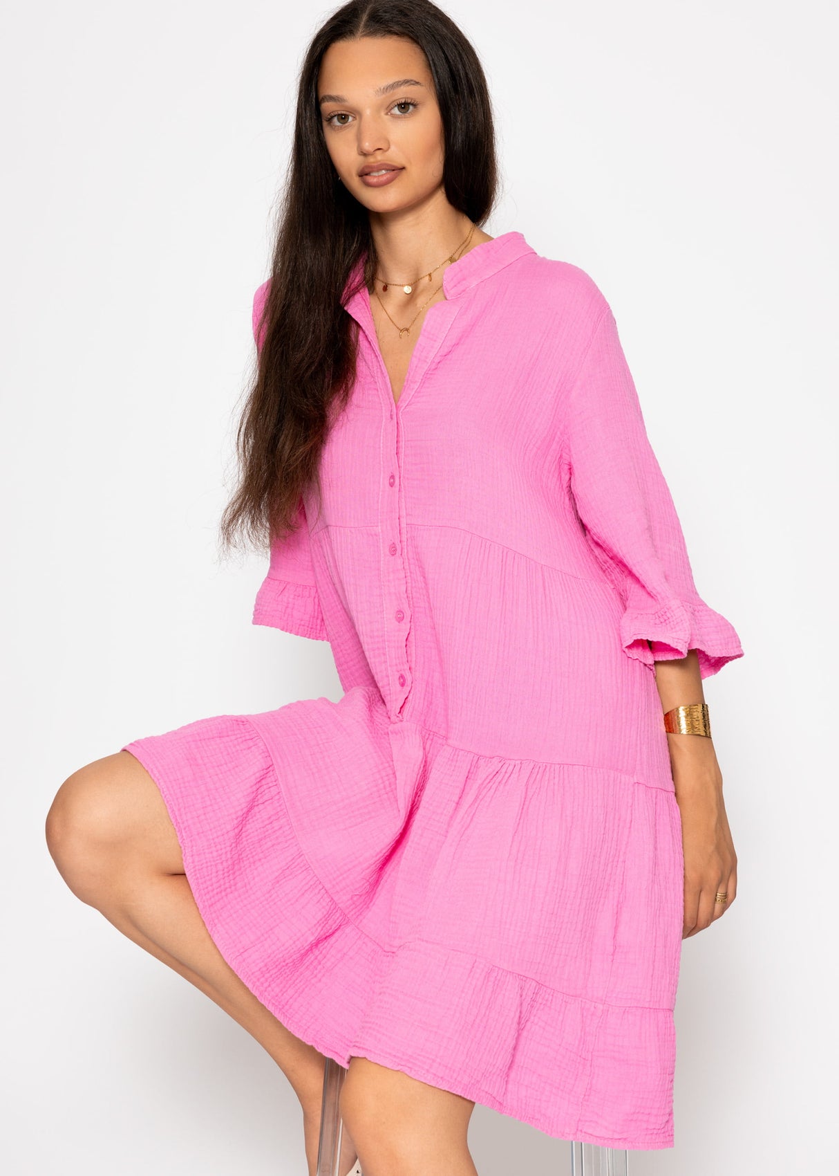 Musselin Kleid mit Volants - pink