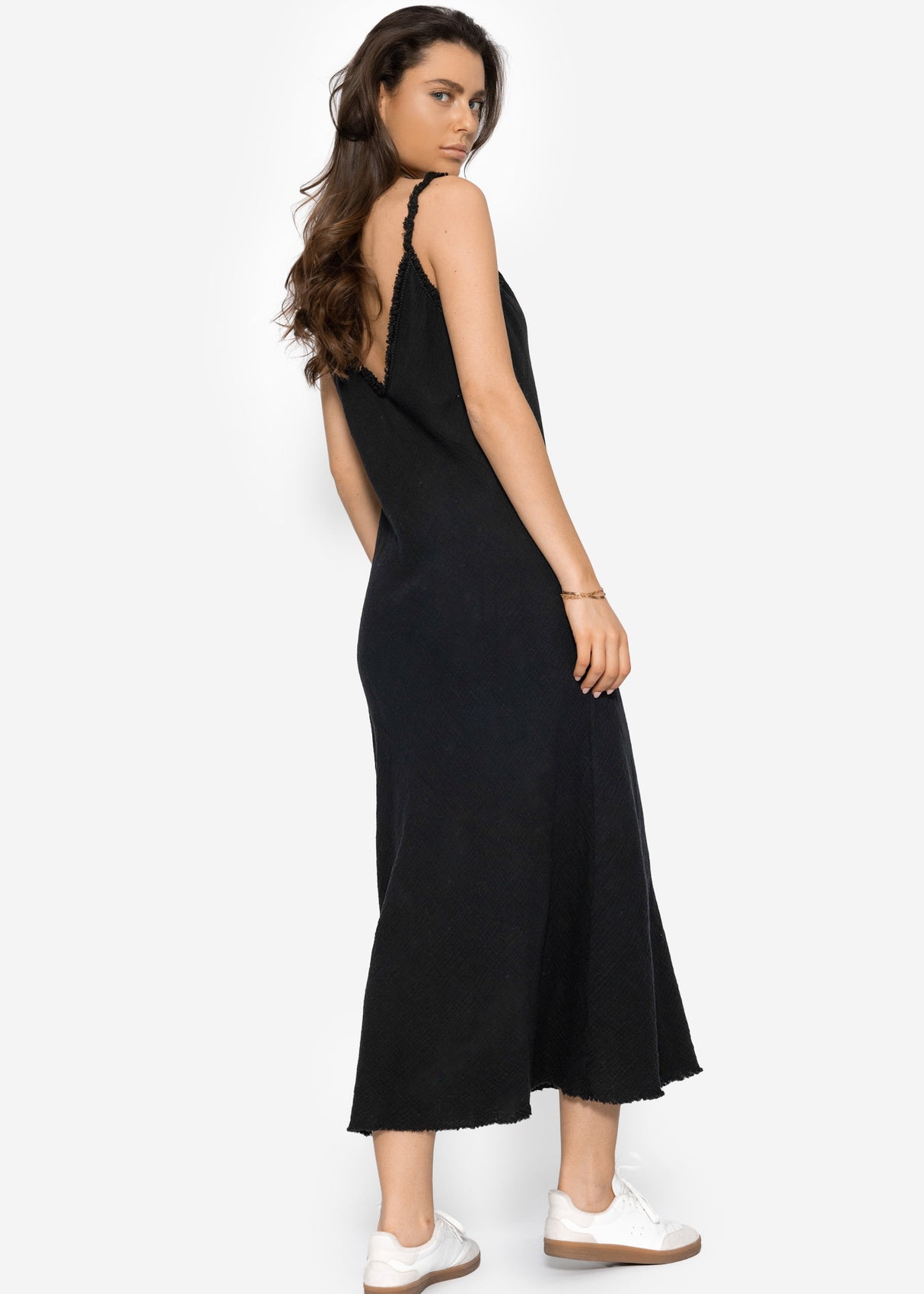 Muslin maxi dress with fringe trim - black