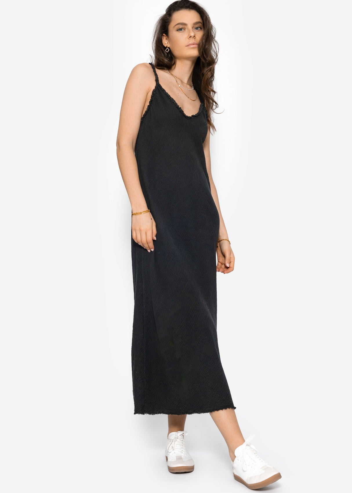 Muslin maxi dress with fringe trim - black