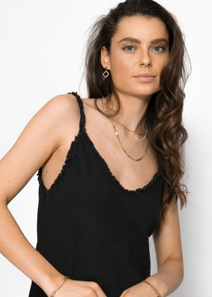 Muslin maxi dress with fringe trim - black