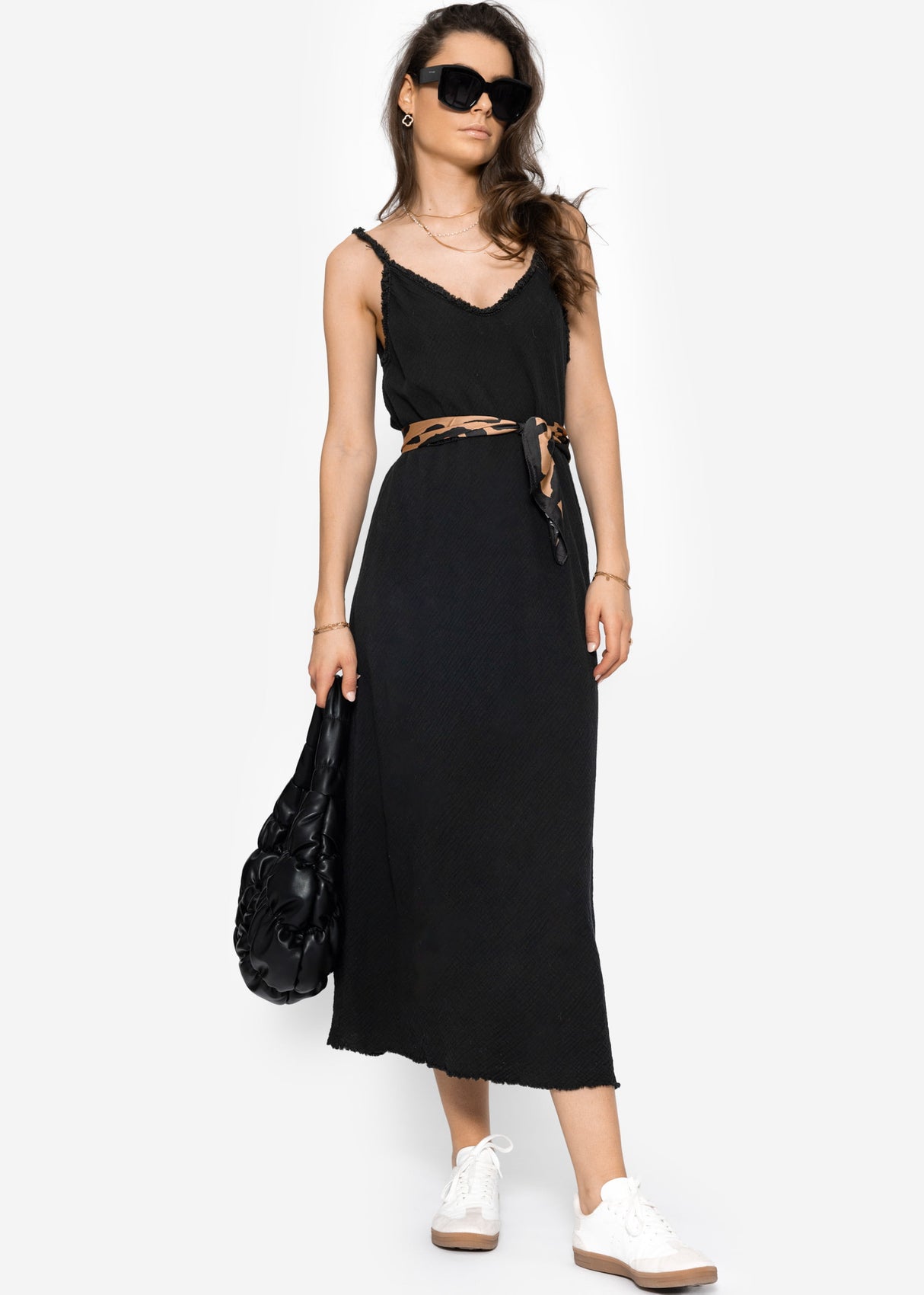 Muslin maxi dress with fringe trim - black