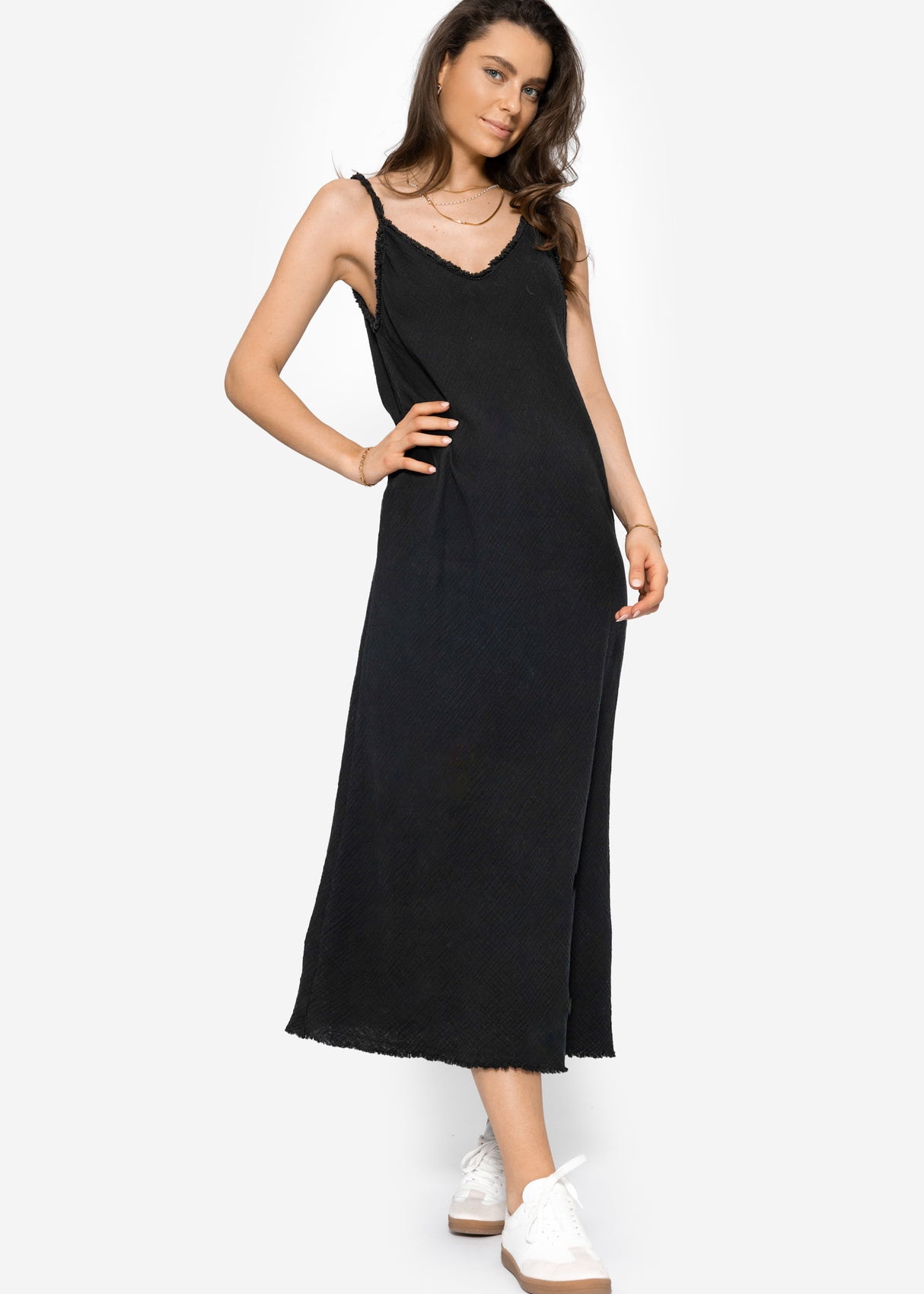 Muslin maxi dress with fringe trim - black