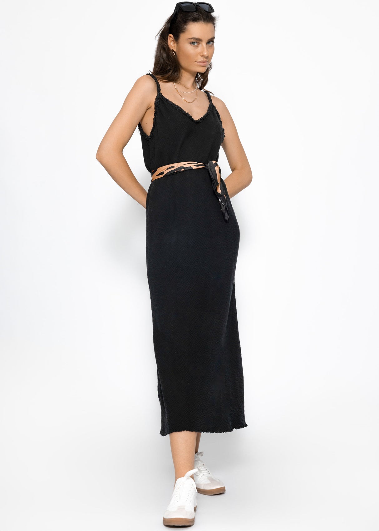 Muslin maxi dress with fringe trim - black