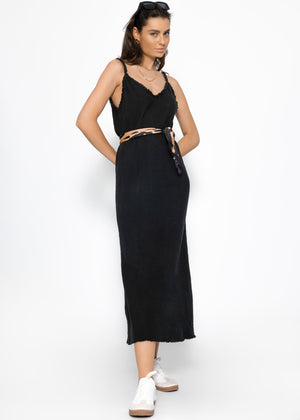 Muslin maxi dress with fringe trim - black