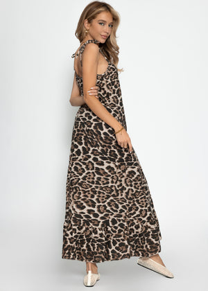 Musselin Maxi Dress with Leo-Print-brown-beige