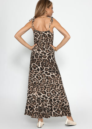 Musselin Maxi Dress with Leo-Print-brown-beige