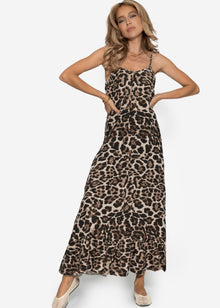 Musselin Maxi Dress with Leo-Print-brown-beige