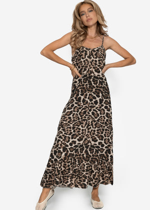 Musselin Maxi Dress with Leo-Print-brown-beige