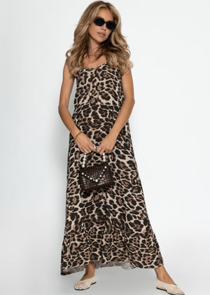 Musselin Maxi Dress with Leo-Print-brown-beige