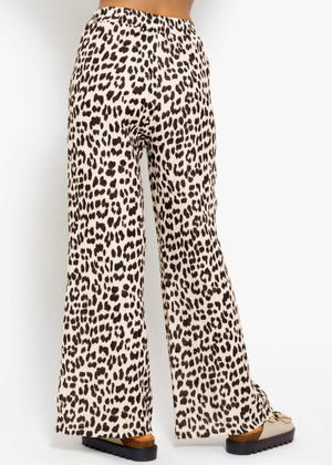 Musselin Pants mit weitem Bein in Leo Print - hellbeige