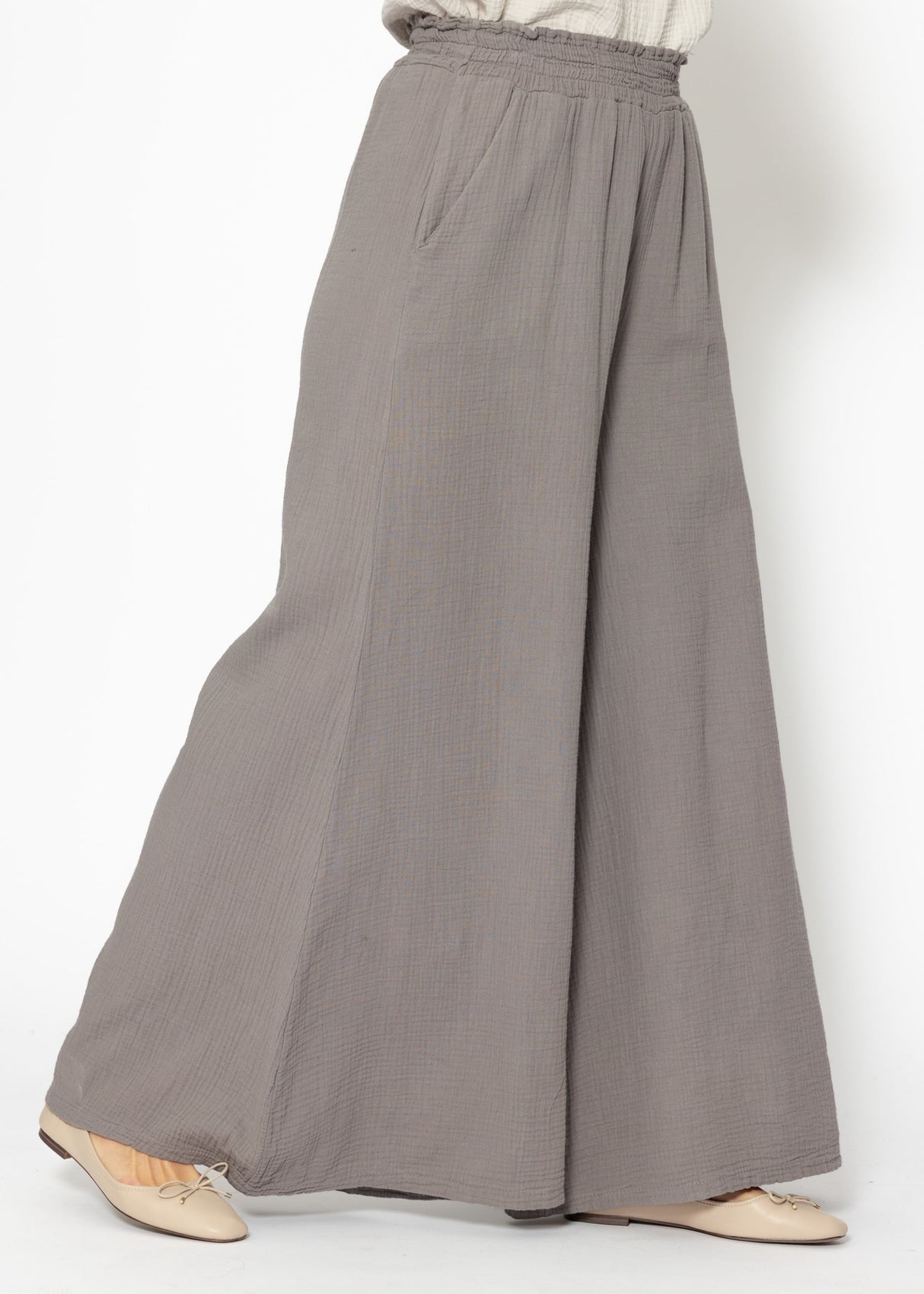 Musselin Pants mit weitem Bein - taupe