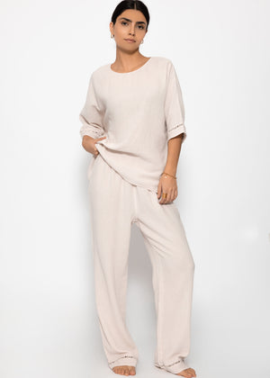 Muslin pajama pants with lace trim - light beige