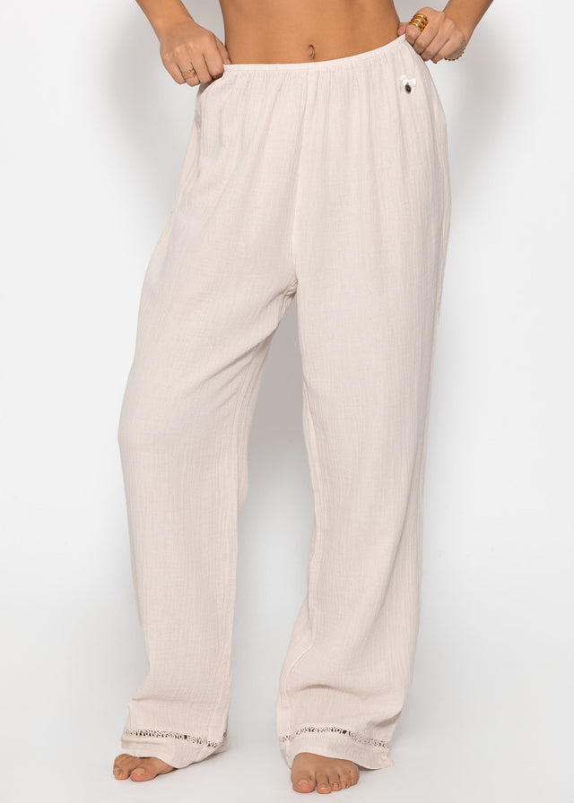 Musselin Pyjamahose mit Spitzenborte - hellbeige