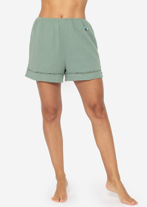 Muslin pajama shorts with lace trim - sage green