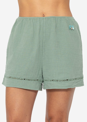 Muslin pajama shorts with lace trim - sage green