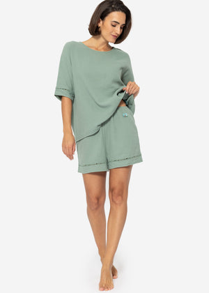 Muslin pajama shorts with lace trim - sage green