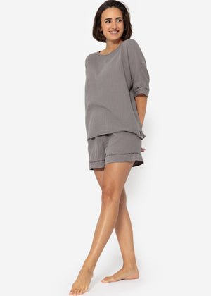 Muslin pajama shirt with lace trim - taupe