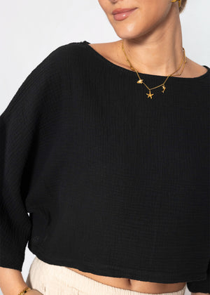 Musselin Shirt mit Fledermausärmeln - schwarz