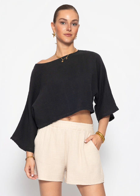 Musselin Shirt mit Fledermausärmeln - schwarz