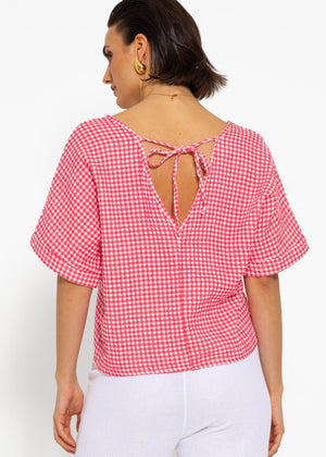 Musselin Shirt mit Vichy-Print - pink-weiß