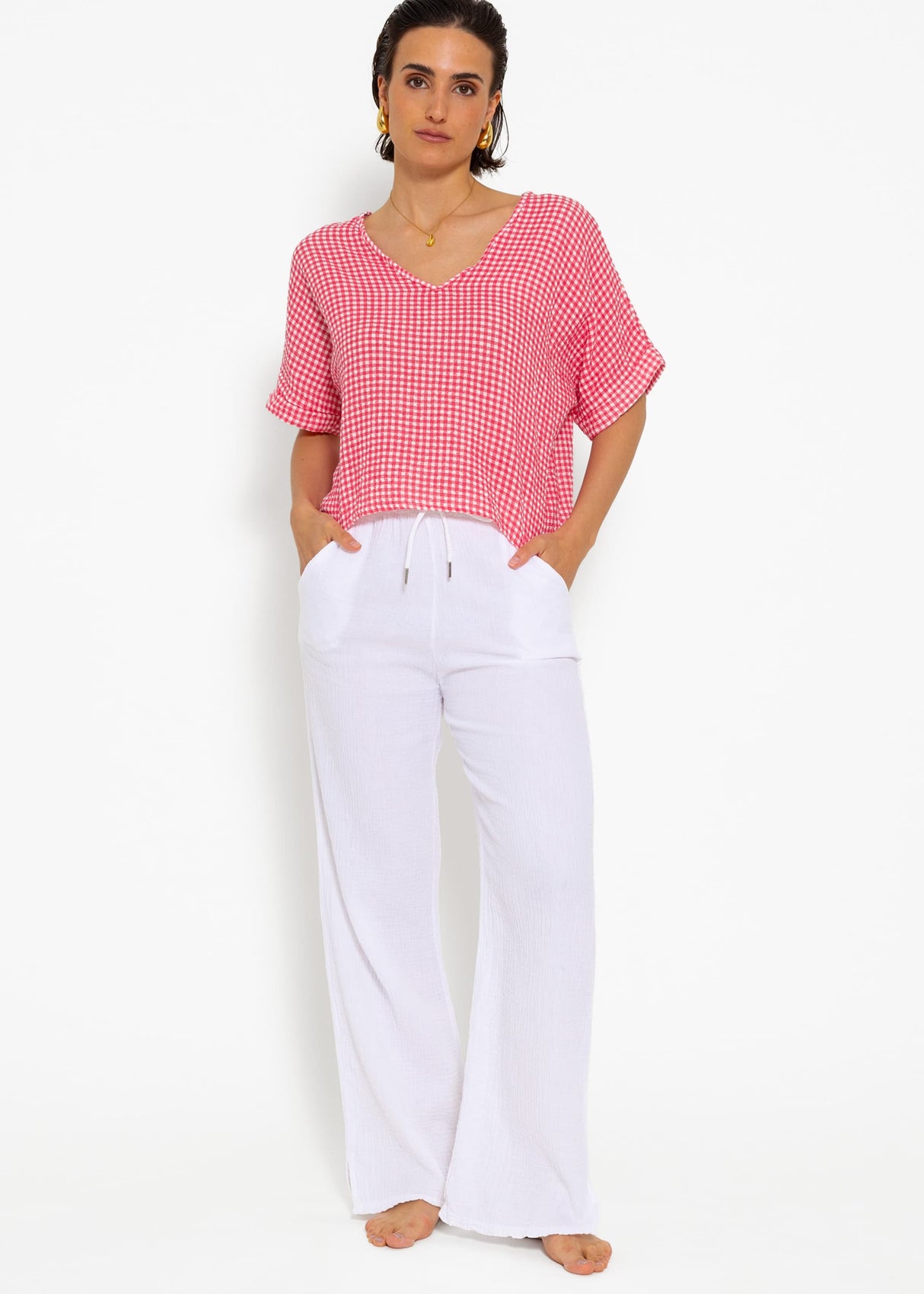 Musselin Shirt mit Vichy-Print - pink-weiß