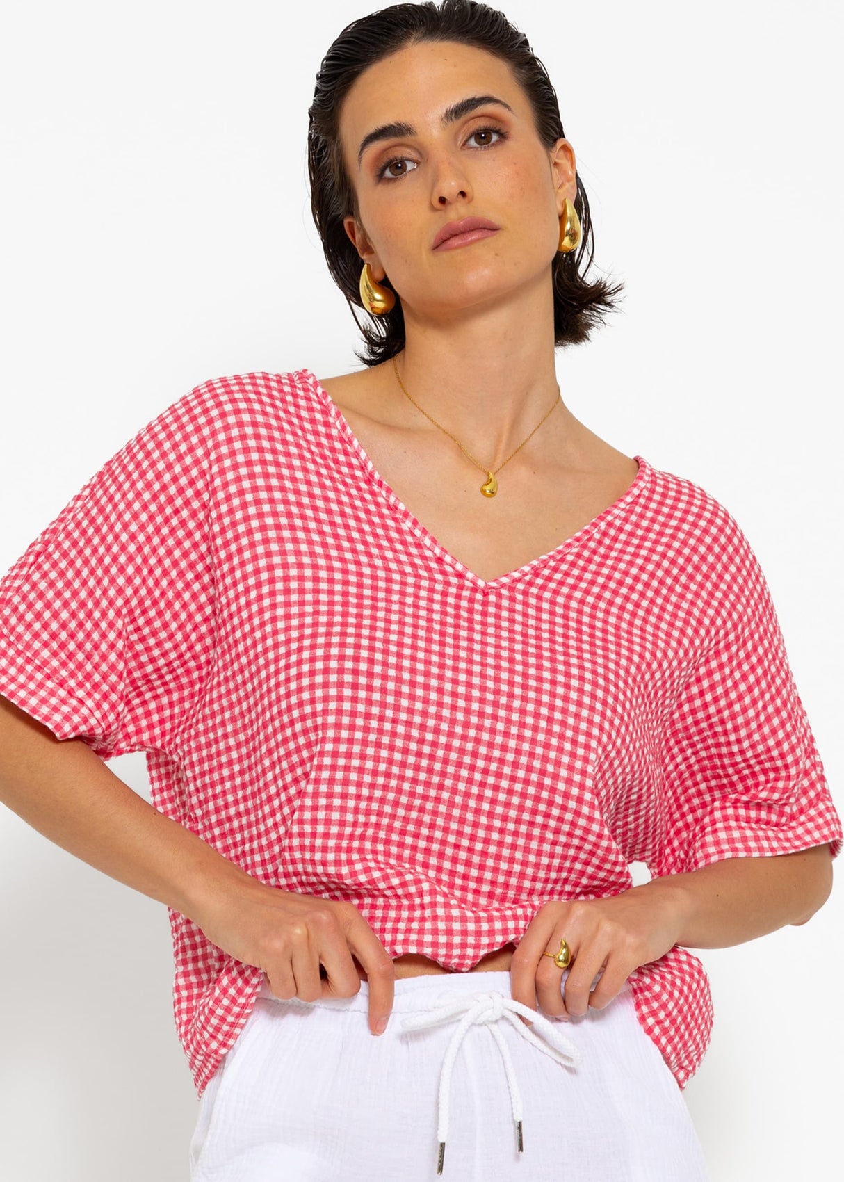 Musselin Shirt mit Vichy-Print - pink-weiß